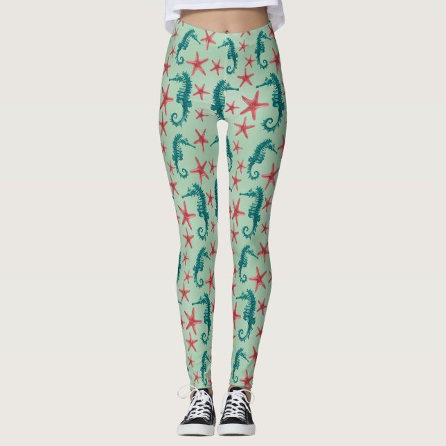 Teal Seahorse Pattern 2 Leggings (Front)