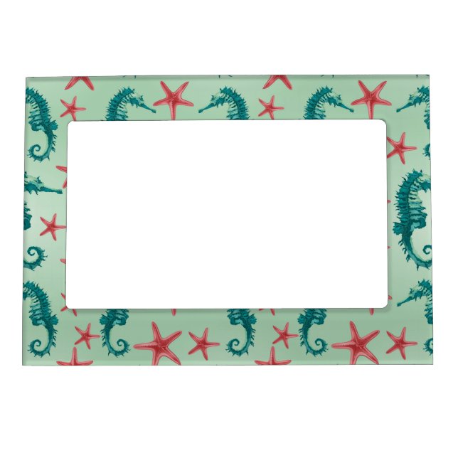 Teal Seahorse Pattern 2 Magnetic Photo Frame (Front)