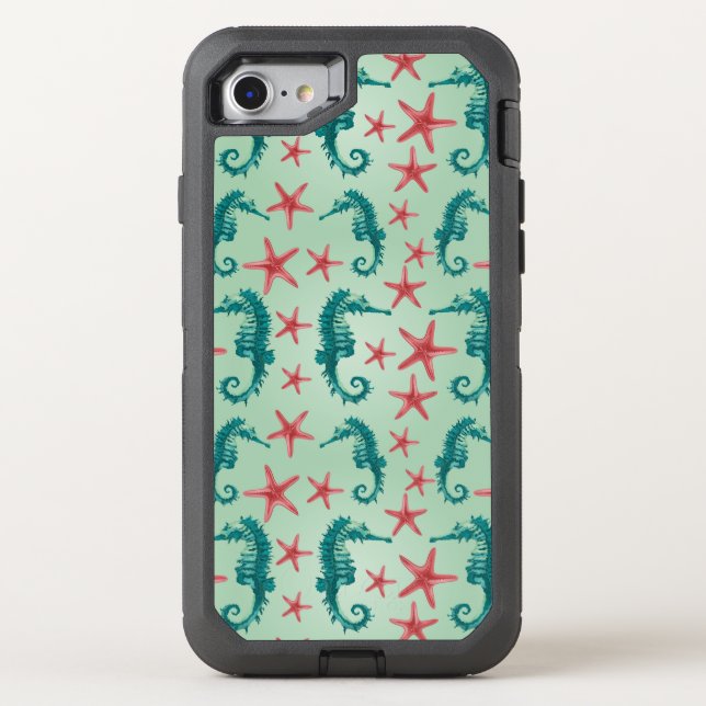Teal Seahorse Pattern 2 Otterbox iPhone Case (Back)