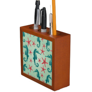 Teal Seahorse Pattern 2 Pencil Holder