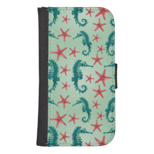 Teal Seahorse Pattern 2 Wallet Phone Case For Samsung Galaxy S4