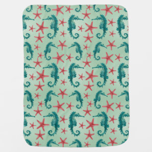 Teal Seahorse Pattern 2 Stroller Blanket