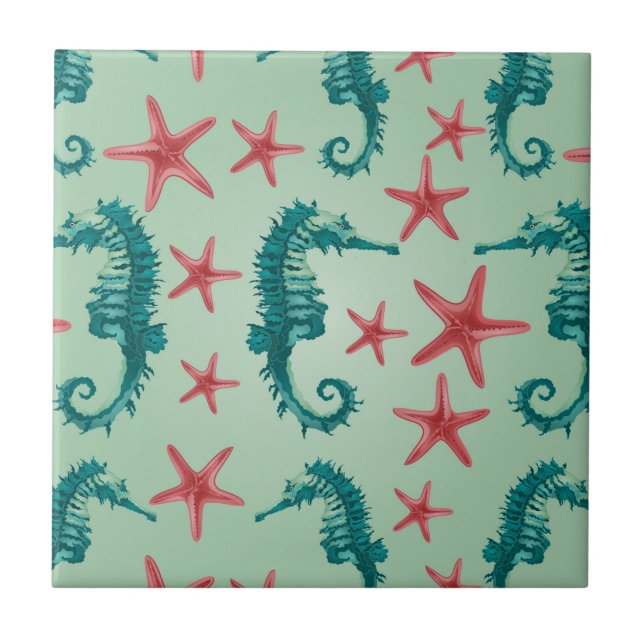 Teal Seahorse Pattern 2 Tile (Front)