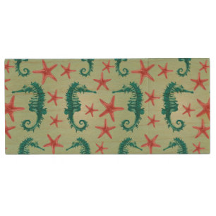 Teal Seahorse Pattern 2 Wood Flash Drive