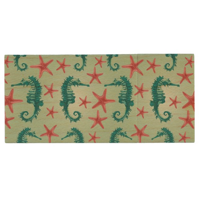 Teal Seahorse Pattern 2 Wood Flash Drive (Front)