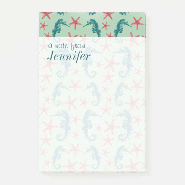 Teal Seahorse Pattern | Add Your Name Post-it Notes (Front)