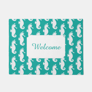 Teal Seahorse Pattern Add Your Text Doormat