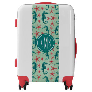 Teal Seahorse Pattern Monogram Luggage