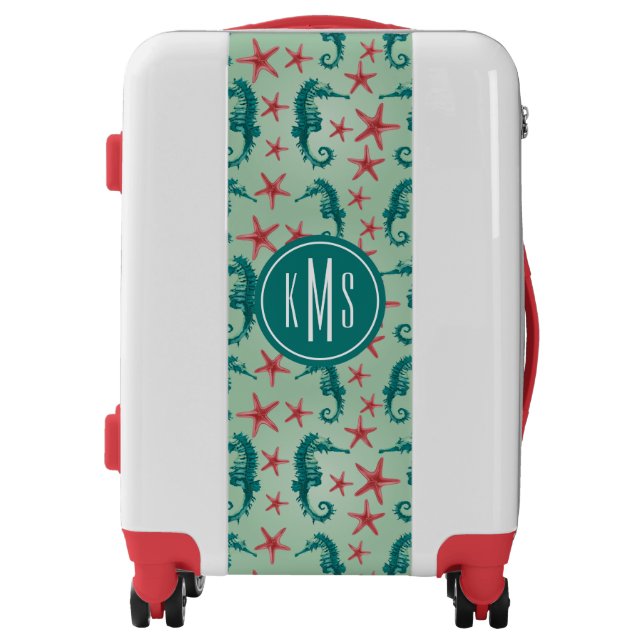 Teal Seahorse Pattern | Monogram Luggage (Front)