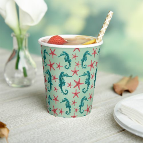 Teal Seahorse Pattern Paper Cups