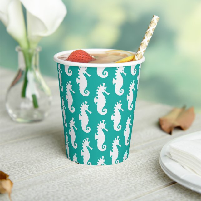 Teal Seahorse Pattern Paper Cups (Insitu)
