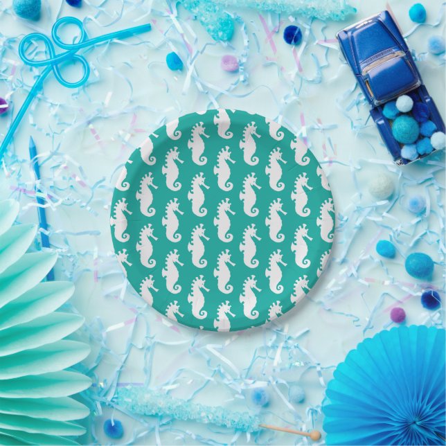 Teal Seahorse Pattern Paper Plates (Party)