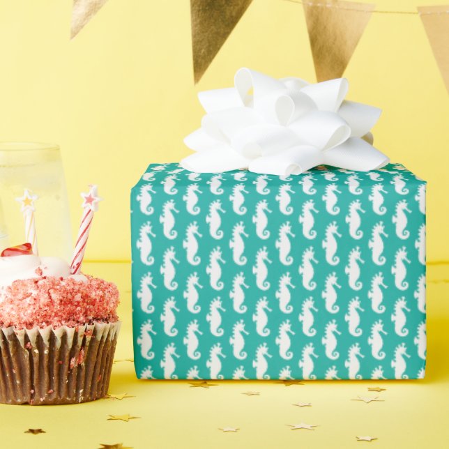 Teal Seahorse Pattern Wrapping Paper (Birthday Party)
