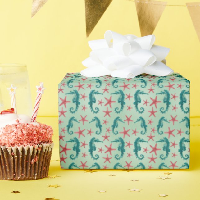 Teal Seahorse Pattern Wrapping Paper (Birthday Party)