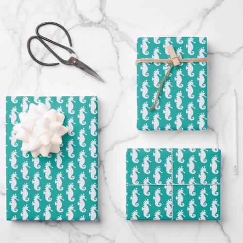 Teal Seahorse Pattern Wrapping Paper Sheets