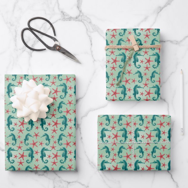 Teal Seahorse Pattern Wrapping Paper Sheets (Front)