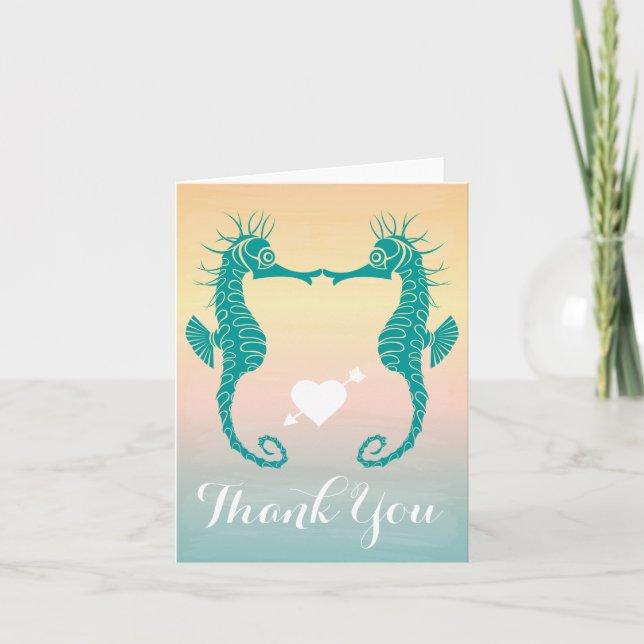 Teal Seahorse Thank You Blue, Peach Beach Sunset Card (Front)