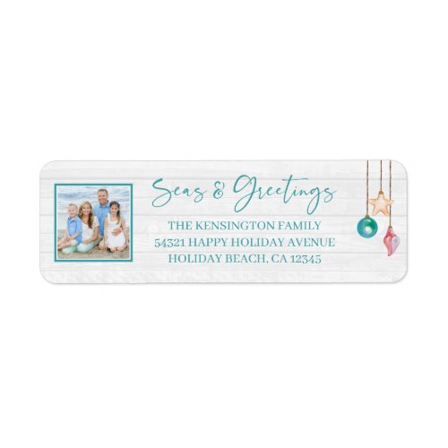 Teal Seas and Greetings Seashell Ornament Photo Label