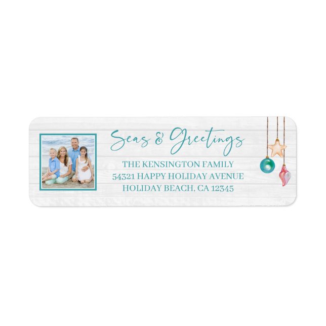 Teal Seas and Greetings Seashell Ornament Photo Label (Front)