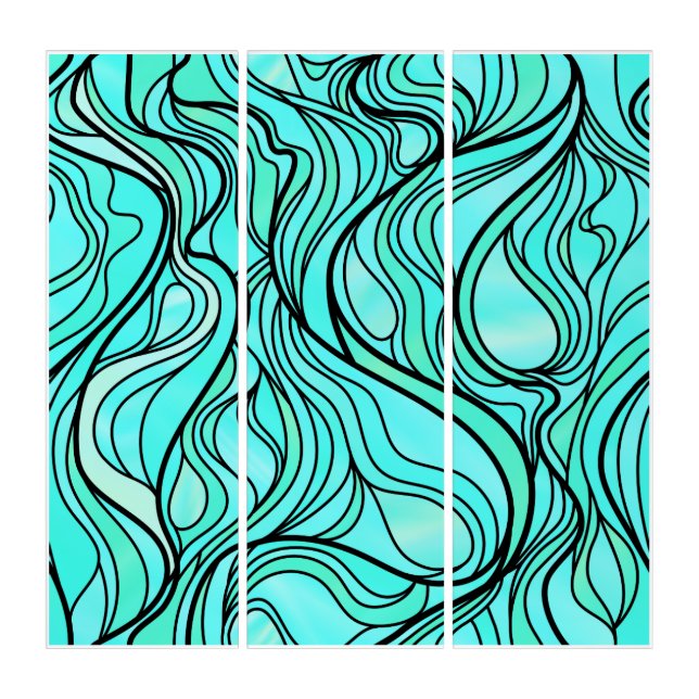 Teal Seascape Stained Glass Abstract Triptych (Front)