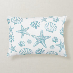 Teal Seashell Starfish Beachy Pattern Accent Pillow