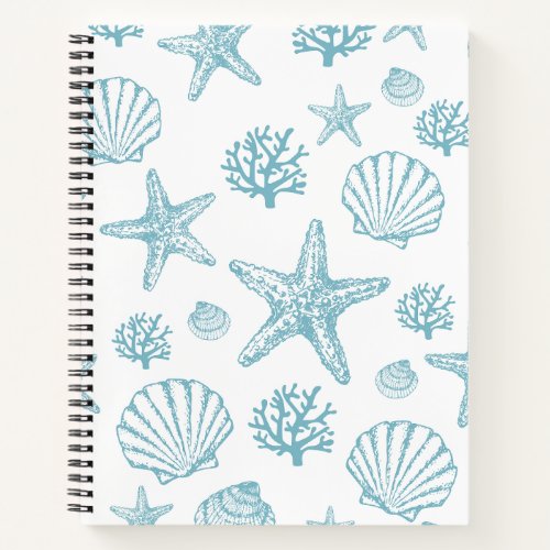 Teal Seashell Starfish Beachy Pattern Notebook