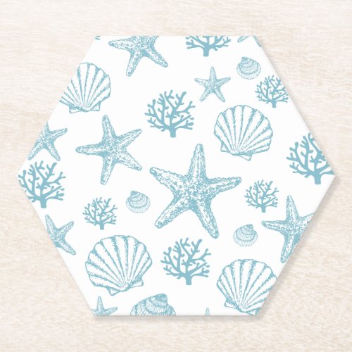 Teal Seashell Starfish Beachy Pattern Paper Coaster