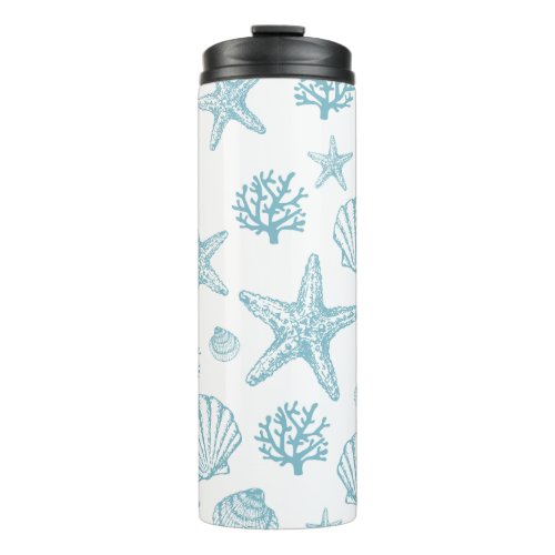 Teal Seashell Starfish Beachy Pattern Thermal Tumbler