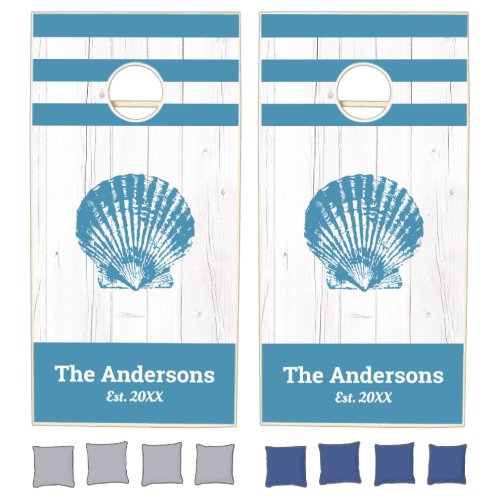 Teal seashell white rustic wood family beach house cornhole set