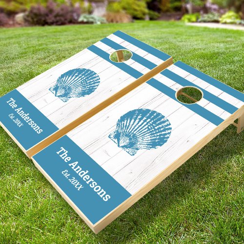 Teal seashell white rustic wood family beach house cornhole set