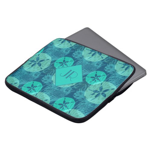 Teal Seashells and Sand Dollars Ocean Blue Pattern Laptop Sleeve