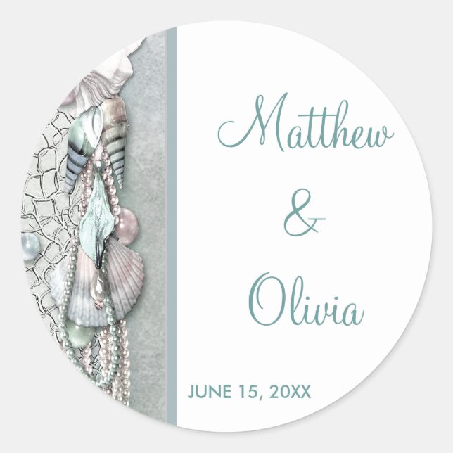 Teal Seashells Pearl Beach Wedding Favor Stickers (Front)