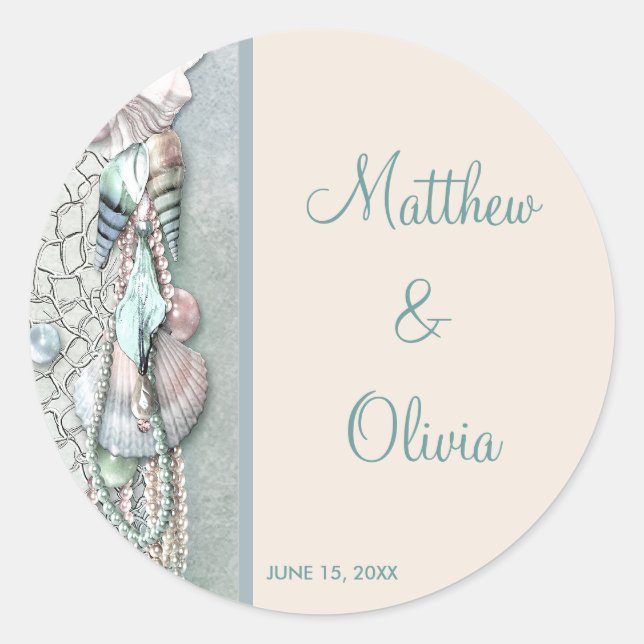 Teal Seashells Pearls Beach Wedding Favor Stickers (Front)