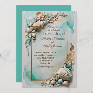 Teal seaside seashell wedding invitation