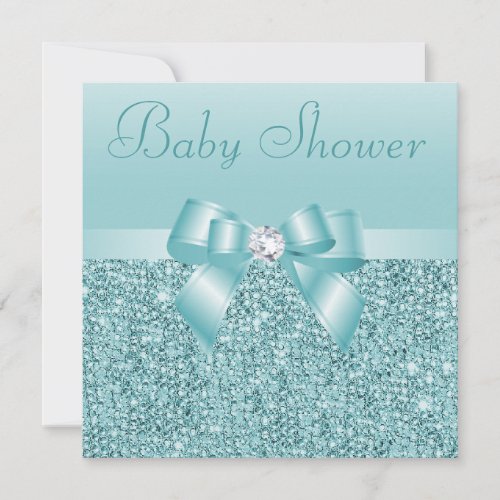 Teal Sequins Bow  Diamond Baby Shower Invitation