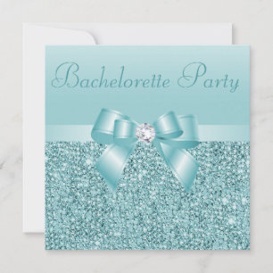 Teal Sequins, Bow & Diamond Bachelorette Party Invitation