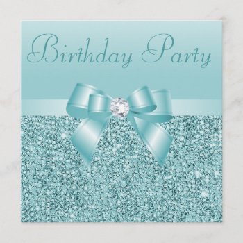 Teal Sequins  Bow & Diamond Birthday Party Invitation by AJ_Graphics at Zazzle