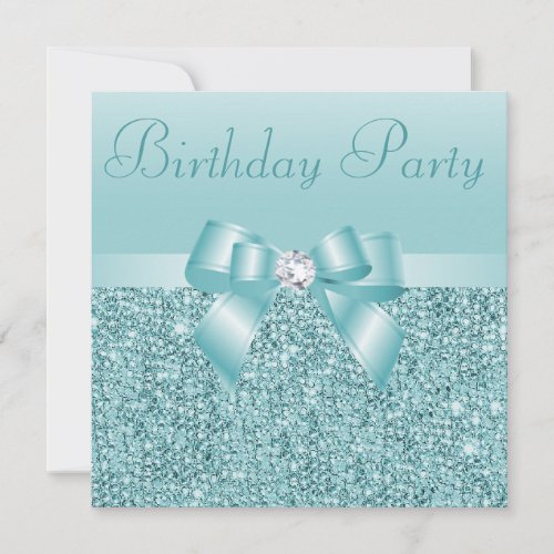 Teal Sequins Bow  Diamond Birthday Party Invitation