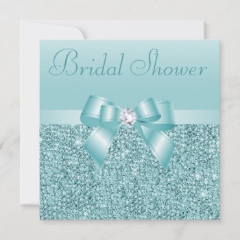 Teal Sequins  Bow & Diamond Bridal Shower Invitation by AJ_Graphics at Zazzle