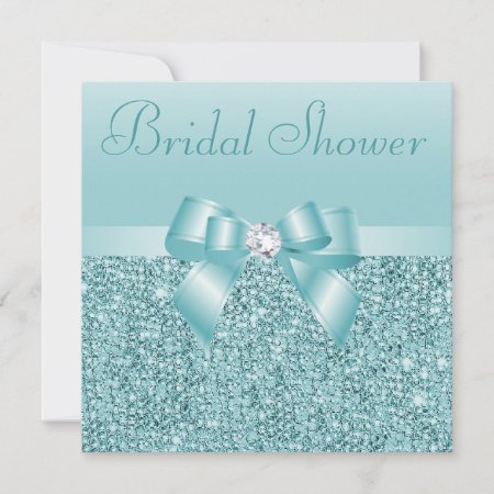 Teal Sequins, Bow & Diamond Bridal Shower Invitation