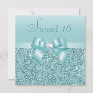 Teal Sequins, Bow & Diamond Sweet 16 Invitation