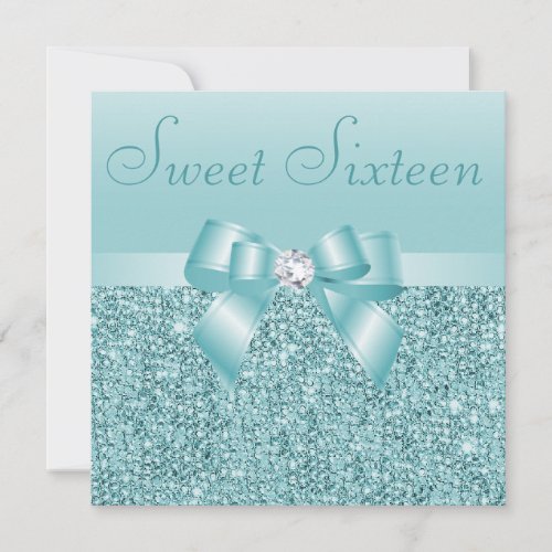 Teal Sequins Bow  Diamond Sweet 16 Invitation