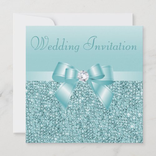 Teal Sequins Bow  Diamond Wedding Invitation