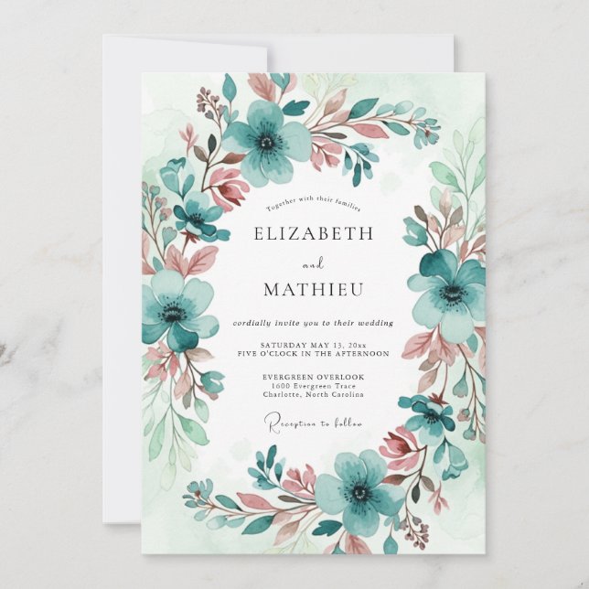 Teal Serene Botanical Wedding Invitation (Front)