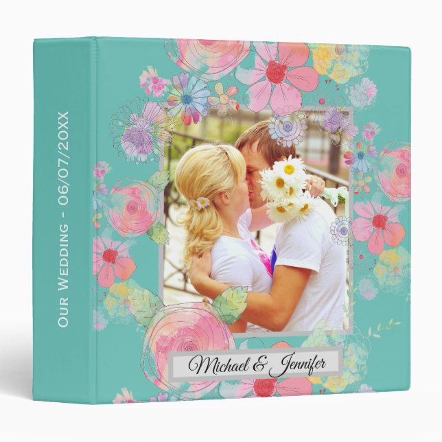 Teal Shabby Chic Floral Custom Wedding Photo 3 Ring Binder (Front/Spine)
