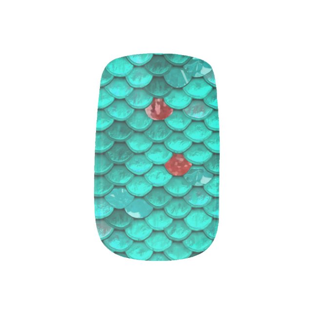 Teal Shimmer and Ruby Fish Scales Pattern Minx Nail Wraps (Left Thumb)