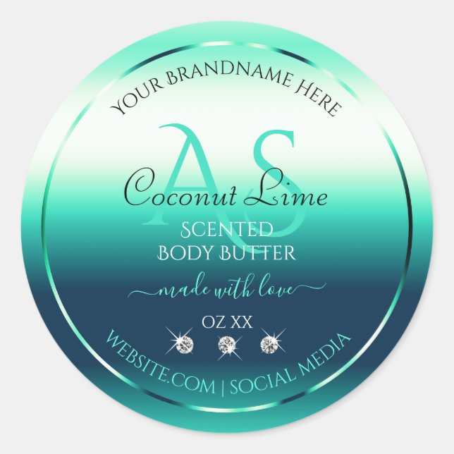 Teal Shimmery Product Labels Diamonds and Monogram (Front)