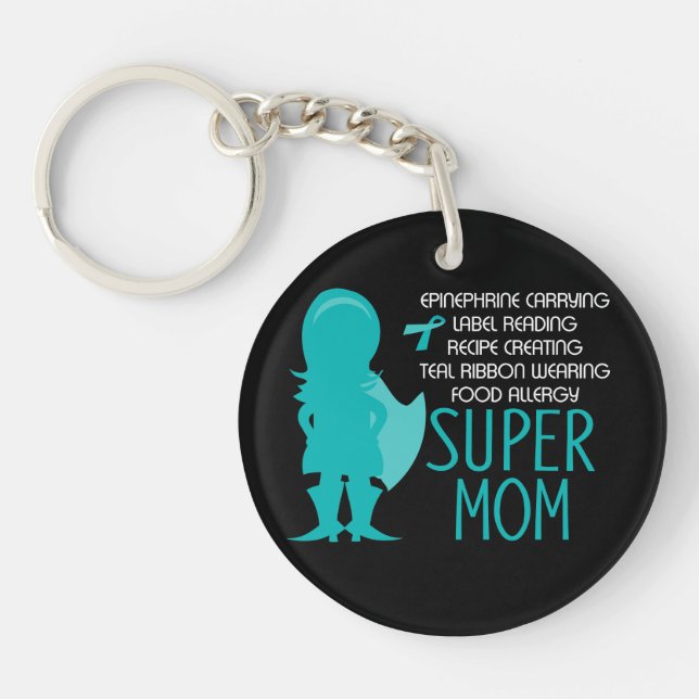 Teal Silhouette Food Allergy Super Mom Keychain (Front)
