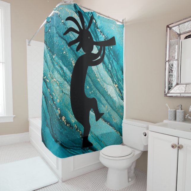 Teal Silhouette Turquoise Kokopelli Shower Curtain (In Situ)