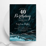 Teal Silver Agate 40th Birthday Invitation<br><div class="desc">Teal and silver agate 40th birthday party invitation. Elegant modern design featuring turquoise teal blue watercolor agate marble geode background,  faux glitter silver and typography script font. Trendy invite card perfect for a stylish women's bday celebration. Printed Zazzle invitations or instant download digital printable template.</div>